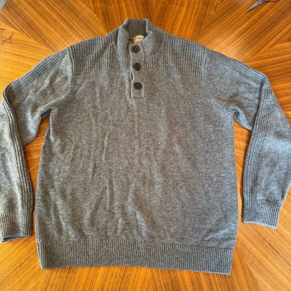 LL‎ Bean 100% Lambs Wool Sweater Mens Large Gray Henley 3 Button Pullover EUC - Picture 1 of 12